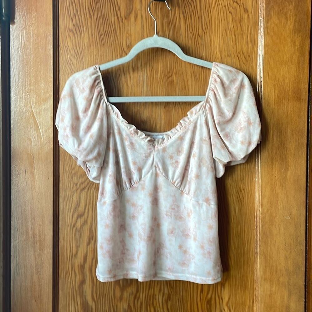 Kit +‎ Sky Beige Pink Floral Romantic Ruffle Blouse Cottage small fairy